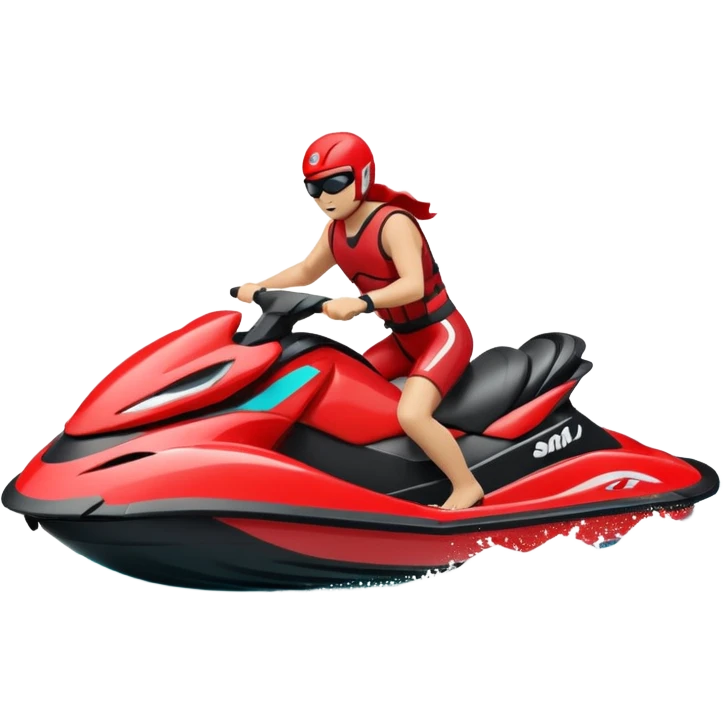 jet ski (red black and white all in the same amount. maybe a red a bit more dominant) on the sea. show the sea under the jet ski - blue with turquoise. no sky - white background instead. DO NOT REMOVE THE SEA AND THE WHITE WHEN FINALIZING!  emoji