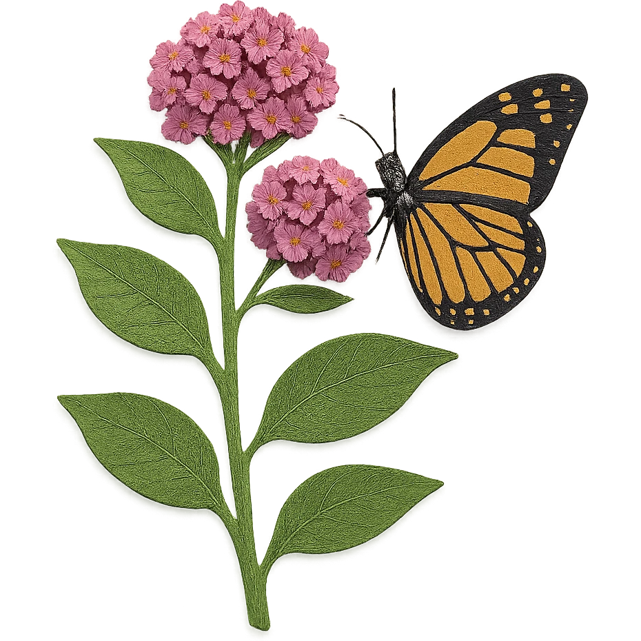 very detailed milkweed plant with a monarch butterfly, intricate cut paper textures, green leaves, pink and purple flower clusters, realistic orange and black butterfly emoji