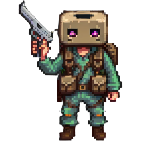 cartoon character with bag on head holding a gun full body emoji
