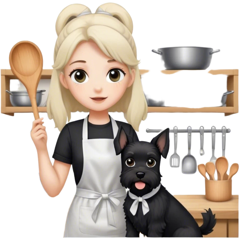 pale girl with long back hair wearing black long shirt wearing apron and baking holding black floppy ear schnauzer emoji