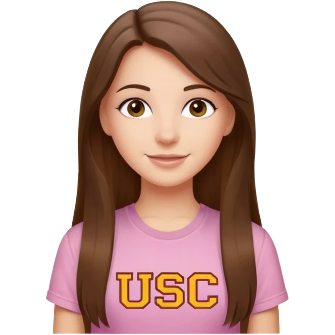 happy white long brunette hair girl with hazel eyes and in a light pink shirt with the letters USC in white emoji