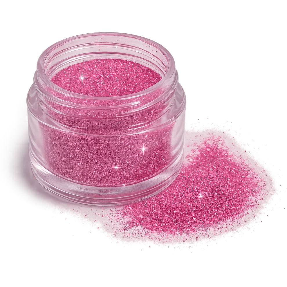open jar of pink glittery powder, some powder spilled, sparkles, cosmetic product, no background emoji
