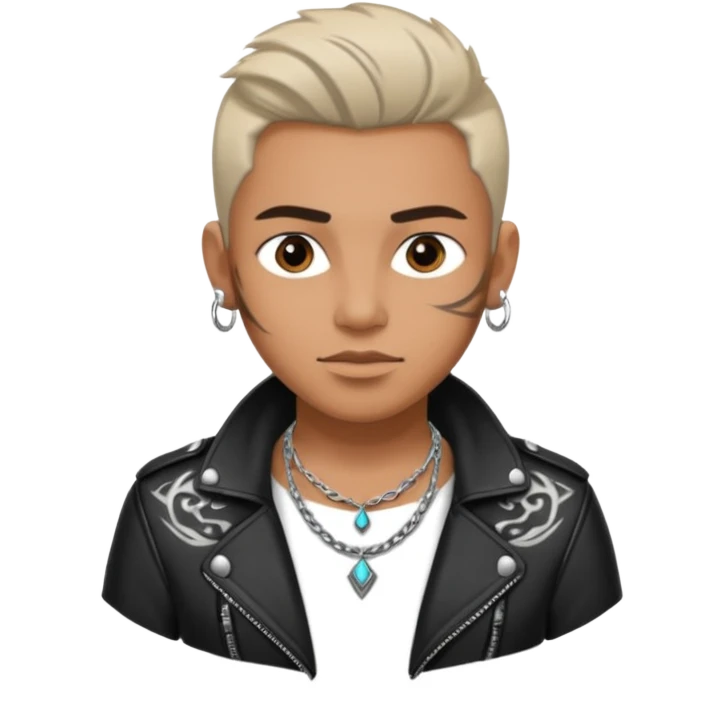 a rockstar wearing necklace, leather jacket, having tattoo emoji