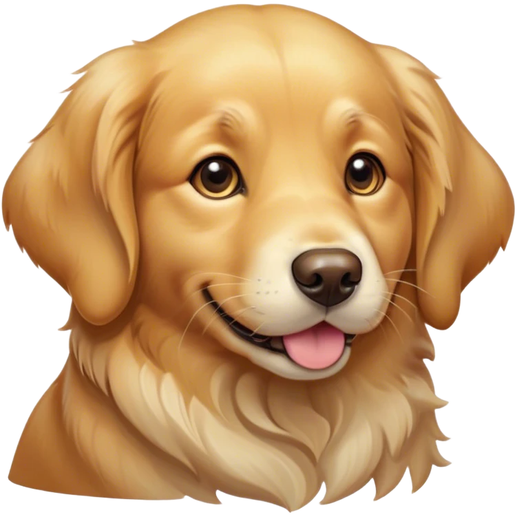 Cinematic Cute Golden Retriever Portrait Emoji, Head tilted playfully and inquisitively, showcasing a rich, glossy golden coat with a healthy sheen, round, sparkling brown eyes filled with curiosity, Simplified yet irresistibly adorable features, highly detailed, glowing with a warm, friendly glow, high shine, affectionate and lively, stylized with a touch of whimsy, bright and endearing, soft glowing outline, capturing the essence of a mischievous yet loving companion, so playful it feels like it could leap out of the screen and into your arms! emoji