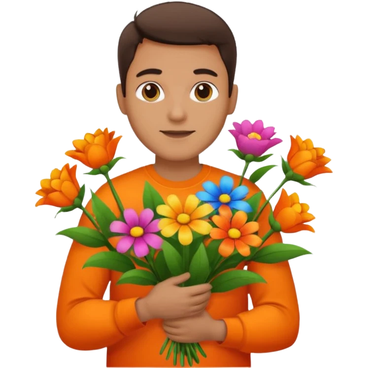 Man with bright orange shirt shirt carrying a bunch of flowers emoji