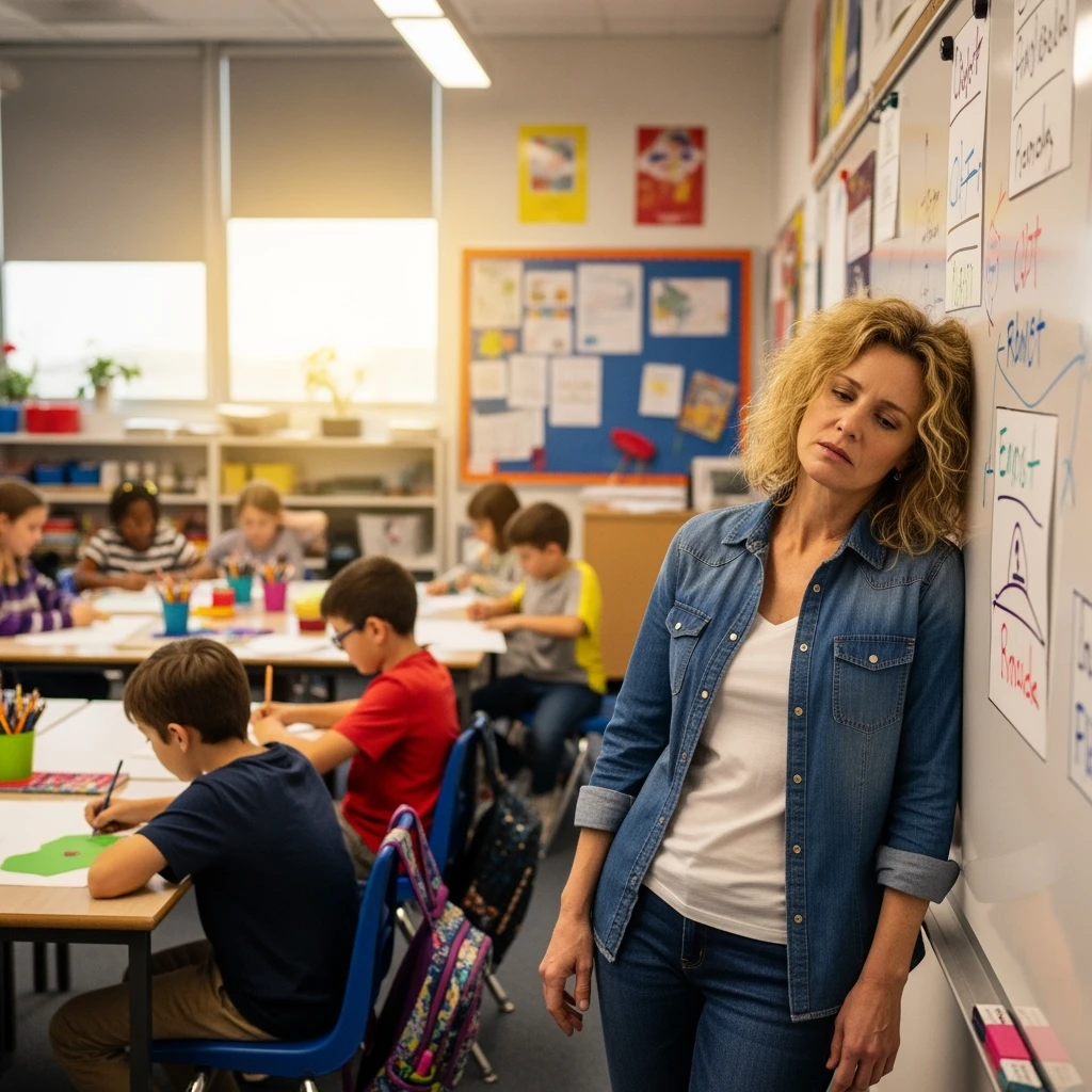 exhausted teacher in a bustling classroom emoji
