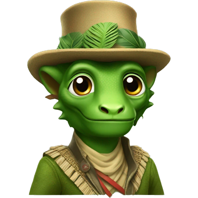 green camaleon wearing indian jones' clothes emoji
