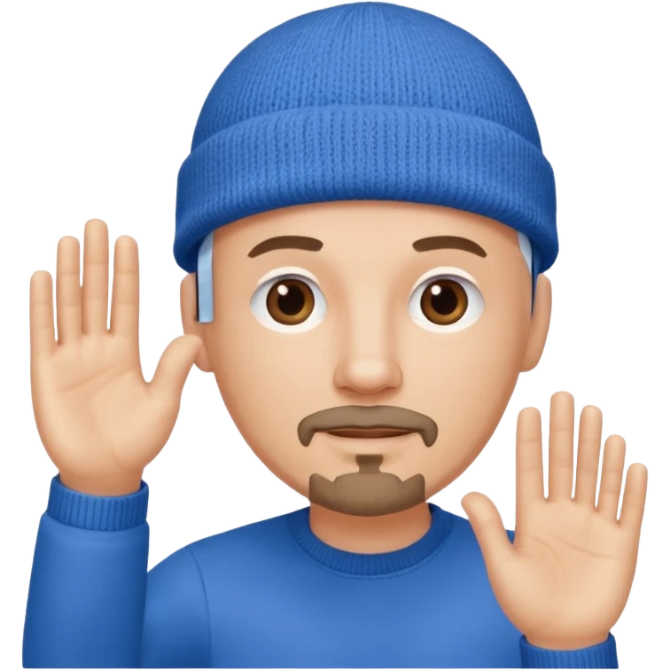 White bald with regular goatee hand raised blue knit cap emoji