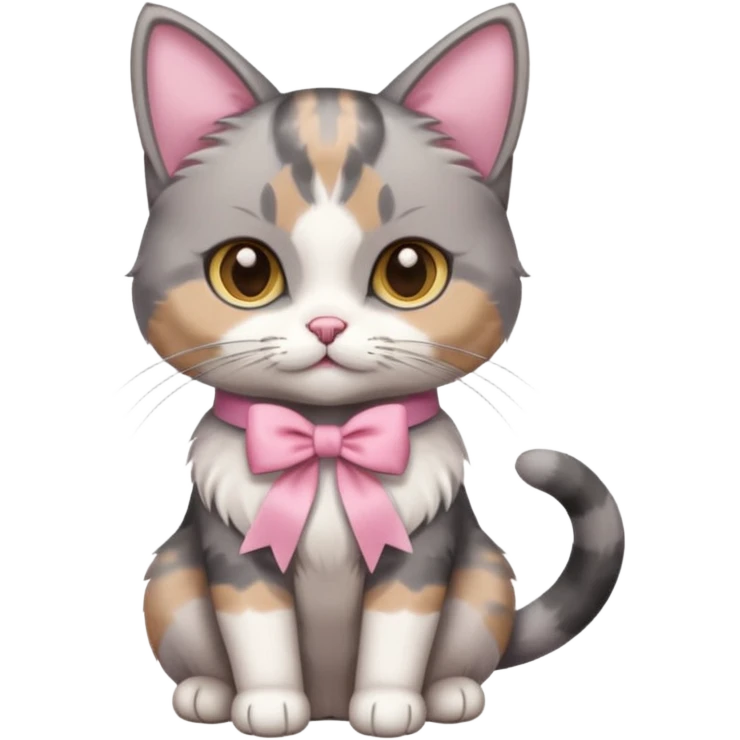 Sitting Dilute grey calico cat with pink ribbon emoji