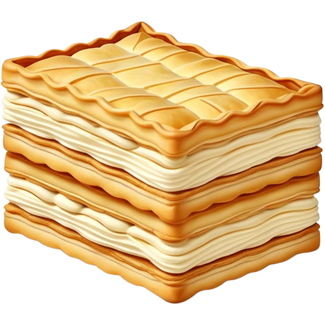 mille-feuille-cinematic-realistic-mille-feuille-dessert-emoji,-depicted-as-a-rectangular delicate-pastry-composed-of-two-crisp-layers-of-puff-pastry-with-a-rich-cream-filling,-rendered-with-intricate-textures-and-elegant,-soft-lighting. Please only show two layers only. emoji