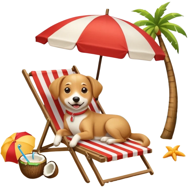 a dog laied on a beach chair, a sunny beach, a sun umbrella, and beach coconut trees. the icon should capture the essence of a relaxing beach vacation with a carefree atmosphere emoji
