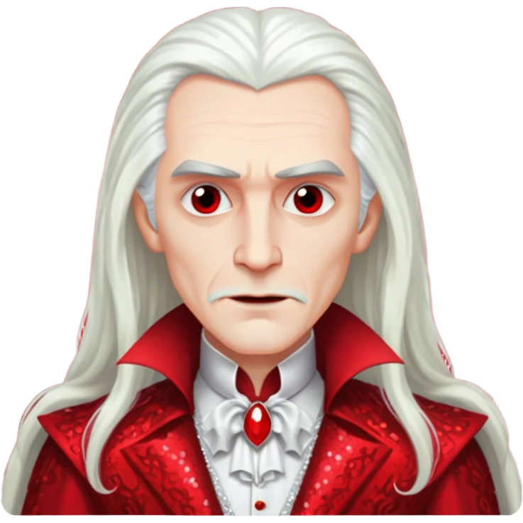 Dracula with long white hair, red sequin outfit emoji