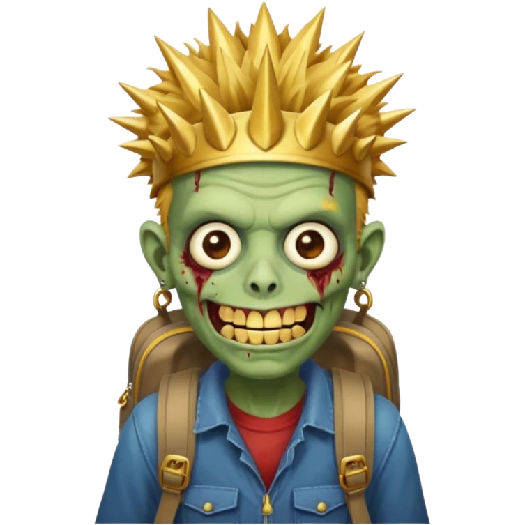 Zombie portrait with spikey hair, smirking with gold teeth, Astor’s hat, and a backpack emoji