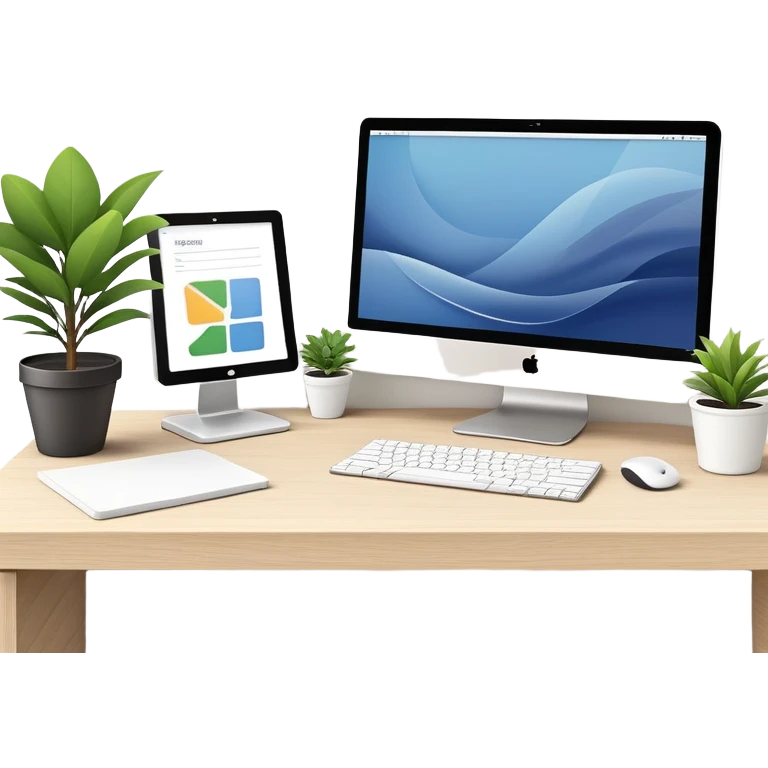 Clean and organized workspace desk with a computer monitor and a small potted plant, minimal clutter, organized office supplies emoji