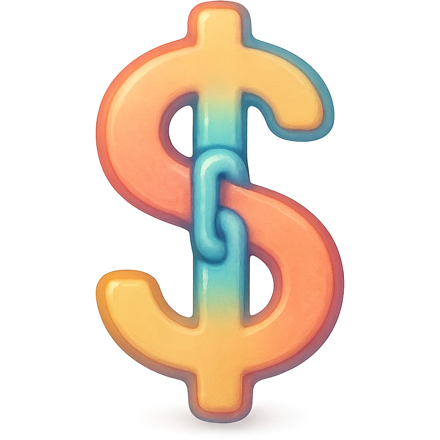 a creative icon combining a dollar sign and a link, with the link forming the vertical bar of the dollar sign, in a soft, semi-realistic, colorful Airbnb icon style, for a money transfer button emoji