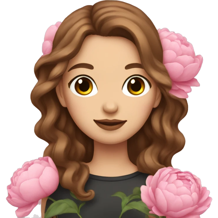 white girl with brown wavy hair holding pink peonies  emoji