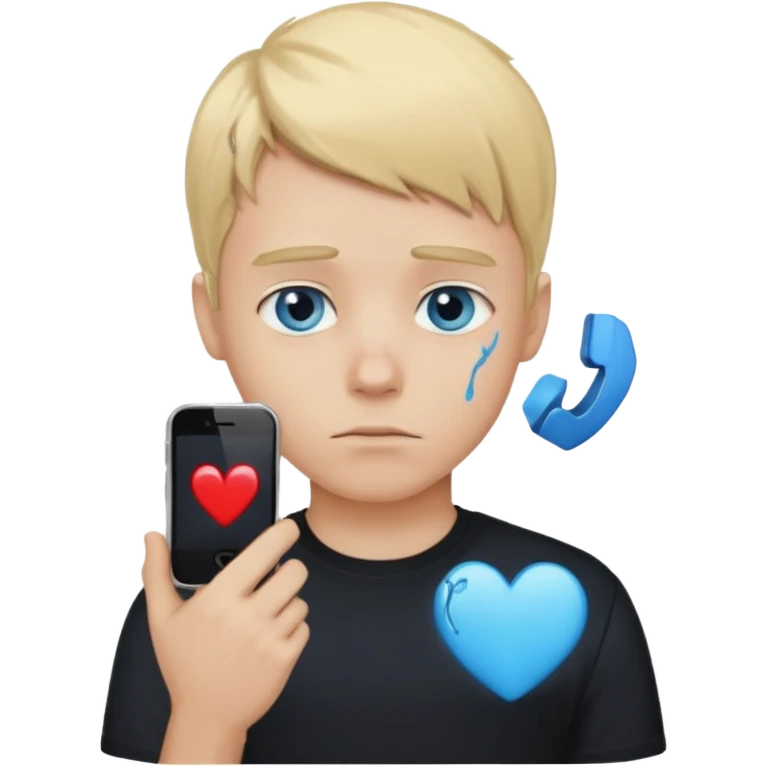 white boy with blonde hair and blue streaks wearing black shirt with blue eyes with broken heart phone head emoji