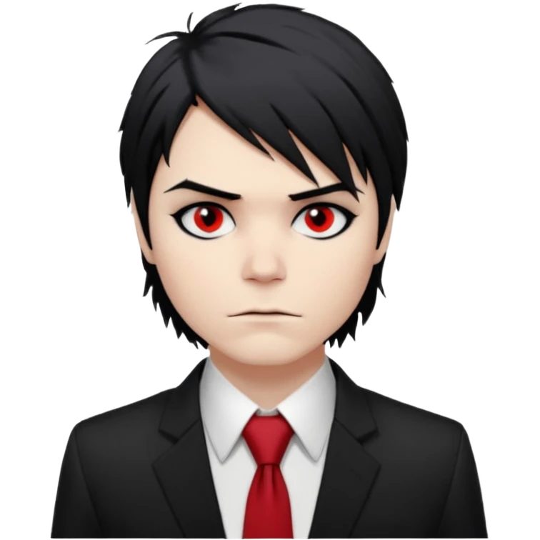 Gerard Way (Revenge Era)
Round, simplified emoji style
Pale skin tone
Jet-black, shoulder-length hair messy and emo
Heavy eyeliner and slight red shadow under the eyes
Subtle serious
Hint of red tie visible on black button up shirt.
Transparent background. Black eyeliner. Messy emo hair emoji