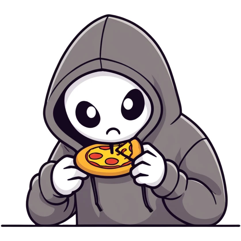 Turantula wearing a black hoodie eating pizza emoji