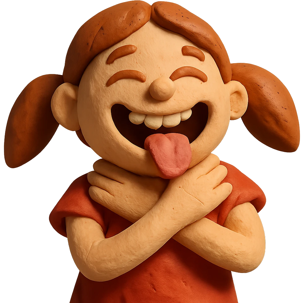 girl with her hands wrapped around her own neck, laughing, tongue out emoji