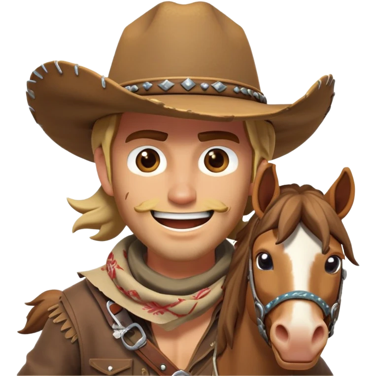 clash-of-clans-aesthetic_-cinematic-playful-cowboy-portrait-emoji, head-tilted with a roguish, cheeky grin and twinkling eyes, featuring a rugged, spirited build with a wide-brimmed cowboy hat and a weathered bandana on tan skin, riding a powerful galloping horse with dynamic flowing mane, reins gripped firmly in one hand and a lasso in the other, as dust swirls behind them in a vast desert landscape. emoji