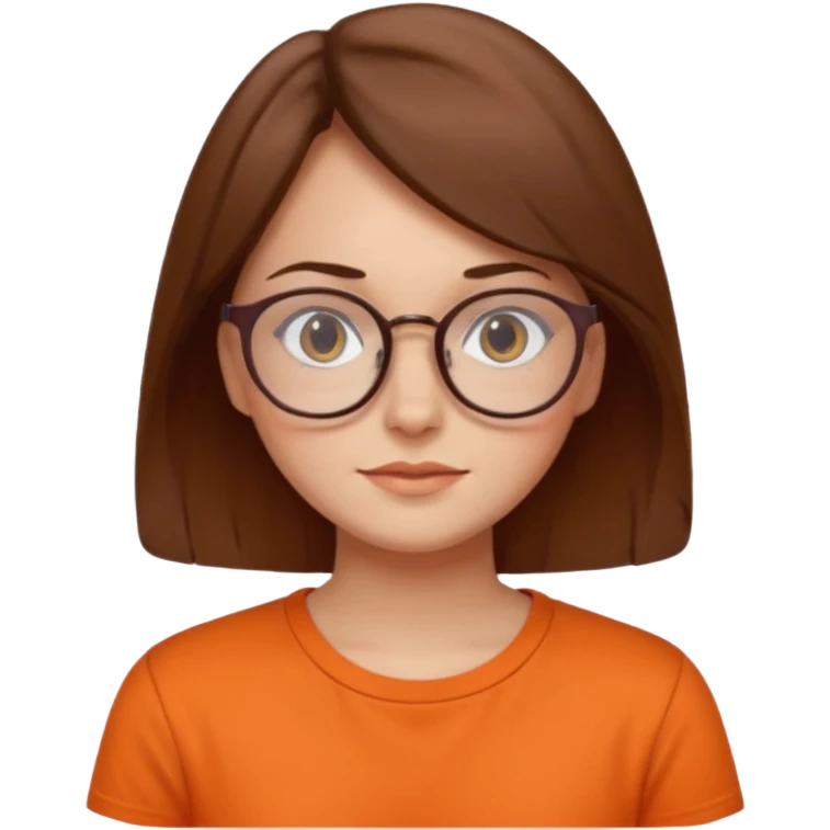 brown hair woman with round glasses orange shirt no smile emoji