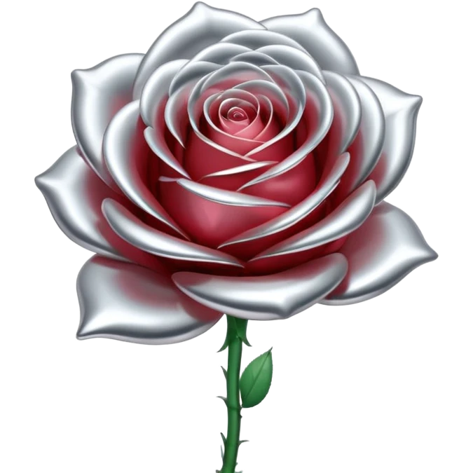 A rose emoji made of liquid silver metal, smooth metallic petals, reflective chrome surface, soft gradients, elegant shape, minimalistic iOS emoji style, centered, clean white background, realistic highlights, no text emoji