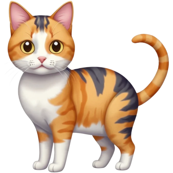 full body anxious looking colourful calico tabby cat with tiny head to large body with fully white front legs emoji