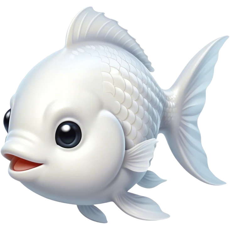 Cinematic Cute White Goldfish Portrait Emoji, Head tilted playfully and inquisitively, featuring a glossy, pure white body with delicate, shimmering scales and round, sparkling pale eyes filled with curiosity, Simplified yet irresistibly adorable features, highly detailed, glowing with a warm, friendly glow, high shine, affectionate and lively, stylized with a touch of whimsy, bright and endearing, soft glowing outline, capturing the essence of a mischievous yet loving goldfish, so playful it feels like it could swim out of the screen and into your heart! emoji