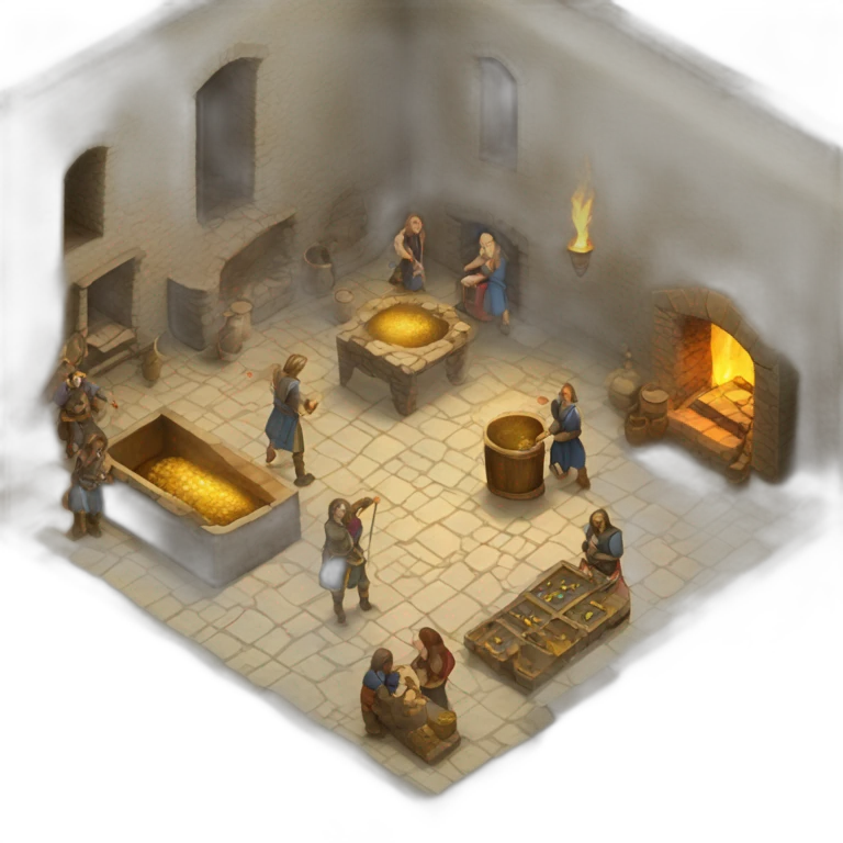 open floor plan of a medieval mint showing different people working, one person on the furnace, some people molding liquid gold into coins emoji