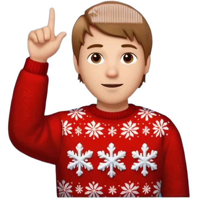 A guy pointing up with one hand and he has a christmas sweater with snowflakes in it. He has brown light hair. emoji