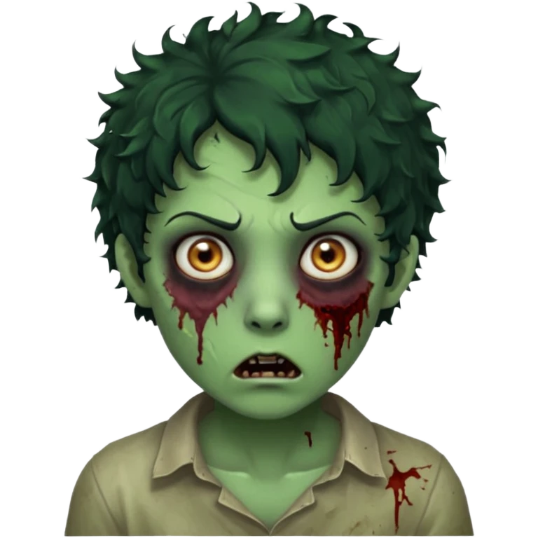 zombie character with green skin, messy short curly black hair, and no glasses. Give him large expressive eyes, a slightly frightened or eerie expression, subtle wounds, dark under-eye shadows, and a few cracks or dried blood marks on the face.  emoji