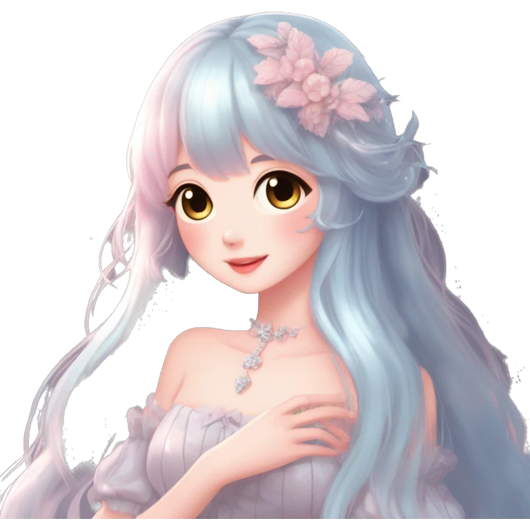 Dreamy pretty elegant kawaii shiny blushing shy anime pastel lady kawaii beautiful hair naturecore fairycore cottagecore jewels trending aesthetic full body emoji