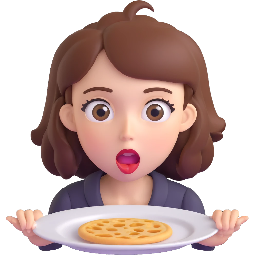 hungry woman with big eyes, open mouth, and empty plate in front of her emoji