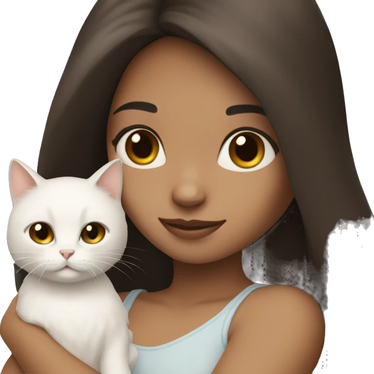 Dark brown straight hair girl holding fluffy white cat  emoji