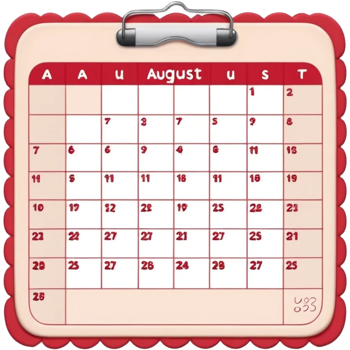 a monthly calendar labeled “August,” with rounded square date boxes, scalloped border frame, playful red doodle lines, and a cozy planner vibe. Minimal kawaii style, flat pastel color palette, slightly imperfect sketch lines, centered object, no background emoji