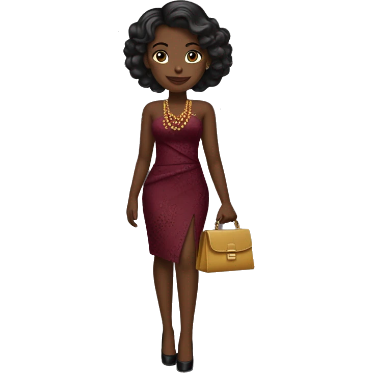 A girl wearing a wine and gold asoebi dress with black heels and bag  emoji