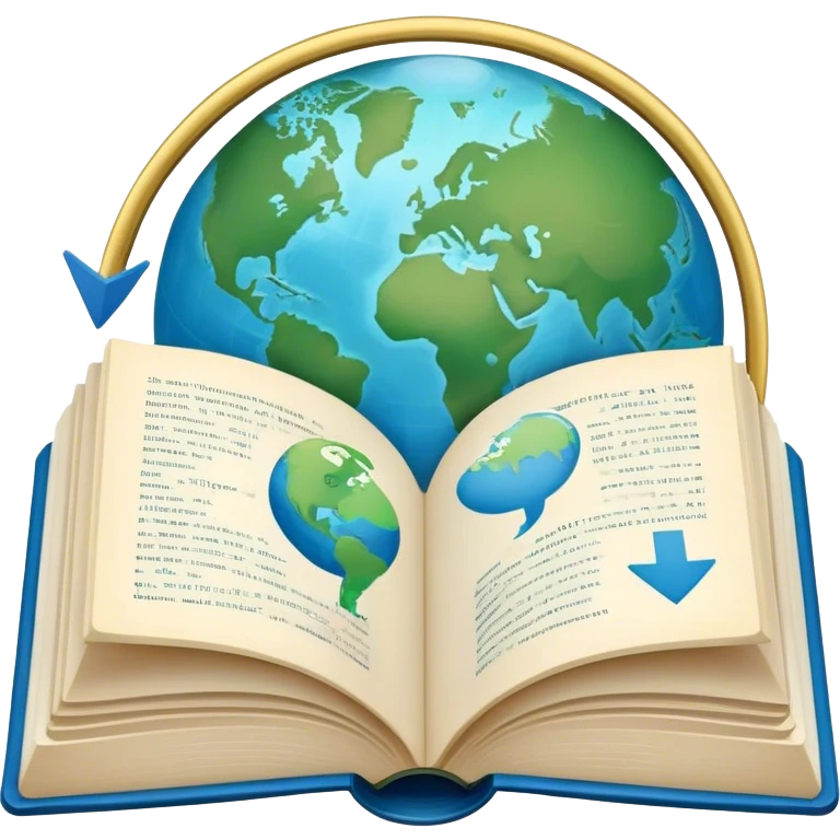 Create an emoji representing language translation. The design should feature an open book or a document with text in multiple languages (e.g., English, Spanish, Chinese), and a translation icon (such as an arrow between two languages) to symbolize the process of converting text. Include elements like a globe or a speech bubble to represent global communication. Use clear, simple lines and a color palette with blues, greens, and subtle neutral tones to convey the idea of clarity and understanding. Make the background transparent. emoji