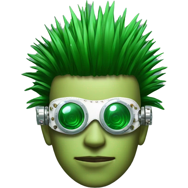 Green Mohawk hair male cyborg head with white steampunk goggles and circuits emoji