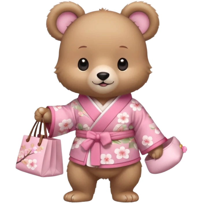 A cute baby bear character in pastel style, standing upright like a human. 
Light brown soft fur, large round ears, rounded paws and feet. 
Wearing a pink kimono with soft cherry blossom patterns on the sleeves and bottom, Holding a cute pastel shopping bag with one paw, walking pose. emoji