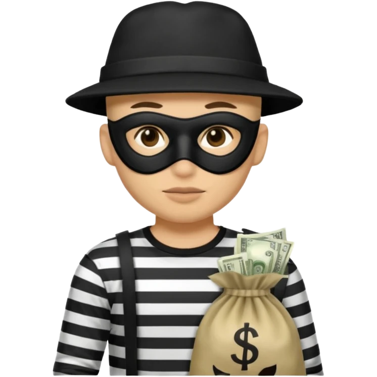 un sombrero de delincuente y un saco de dinero, el ladrón tiene una camisa de rayas negras y blancas y el rostro un antifaz color negro. emoji