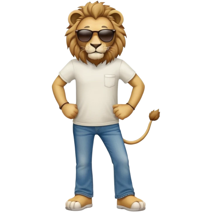 anthropomorphised lion in t-shirt and jeans with sunglasses walking upright, relaxed pose emoji
