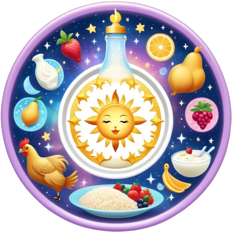 Magical daily fitness nutrition schedule with ethereal water bottle, celestial sun, enchanted chicken and rice plate, mystical gym equipment, glowing yogurt, sparkling fruits, and dreamy sleep symbol, all arranged in a cosmic circle with starry aura emoji