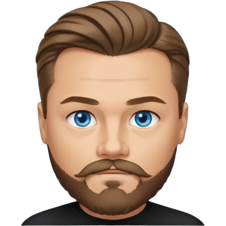 a good looking like leonardo di caprio blue eyes, beard, mustache, a black shirt, green eyes, hair tied to the back emoji