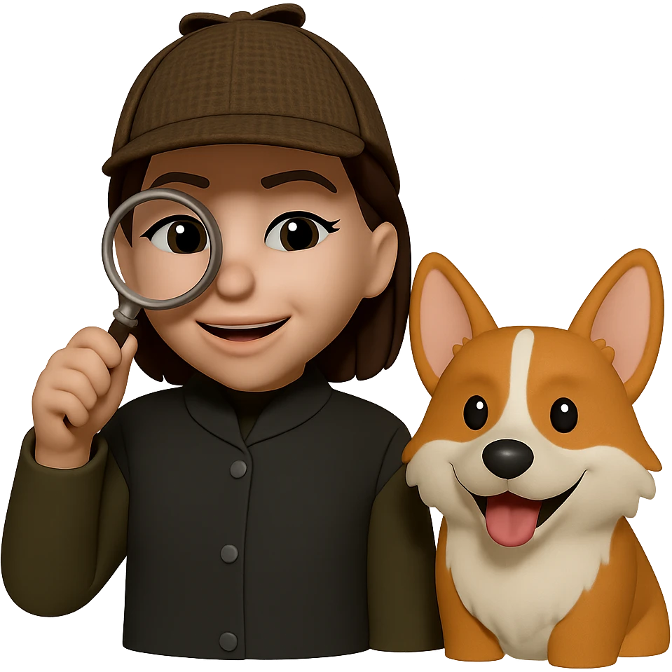 Add a corgi dog next to the woman who looks like a detective creating a design system. She should have a magnifying glass in her hand and wear a detective hat. Keep the same style as the original image. The background should be transparent. emoji