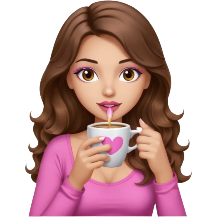 girl with long wavy brown hair, brown eyes, light to medium complexion, in a pink sexy top, pink lips, long lashes sipping coffee emoji