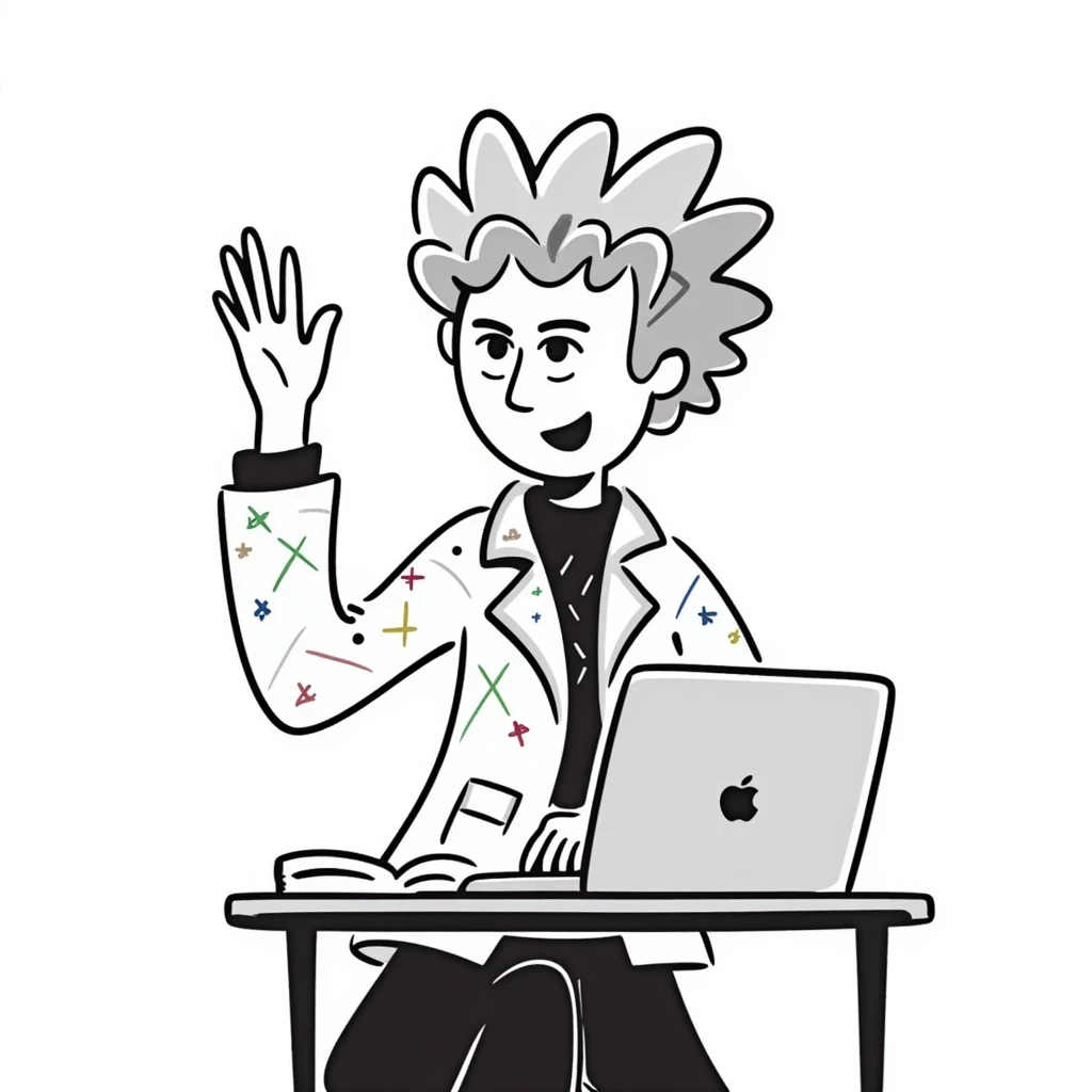 Edgy female rock musician with colorful tattoo sleeve, undercut hairstyle with vibrant dyed hair, wearing leather jacket, sitting at classroom desk with laptop, hand raised enthusiastically emoji