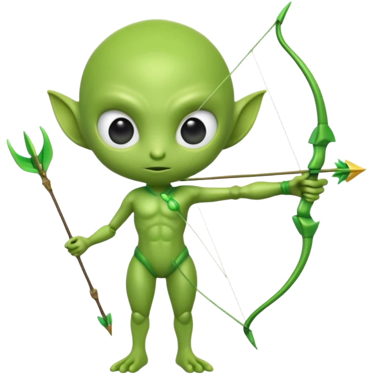3D emoji-style green alien holding a bow and arrow, glossy texture, smooth skin, large expressive eyes, small humanoid body, minimalist background, soft lighting, Pixar-style rendering, high detail, cute but slightly serious expression, clean centered composition emoji