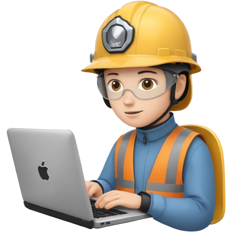 Person mit Helm tippt auf einem Laptop emoji