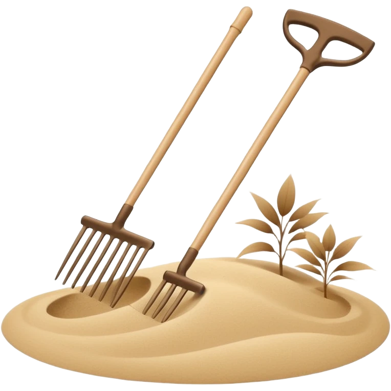 Minimalist emoji of a Japanese zen garden rake with four teeth, elegant thin lines, light wood tone, sand-beige palette, flat vector style, calm and balanced aesthetic, zen-inspired, transparent background, premium minimal design emoji